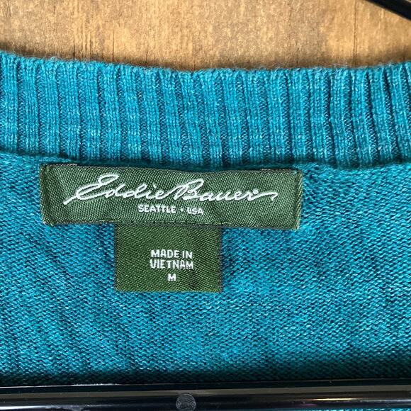 Eddie Bauer Womens Sweater Teal Button Down Cardigan Rolled 1/2 Sleeve Cotton M - Picture 6 of 12